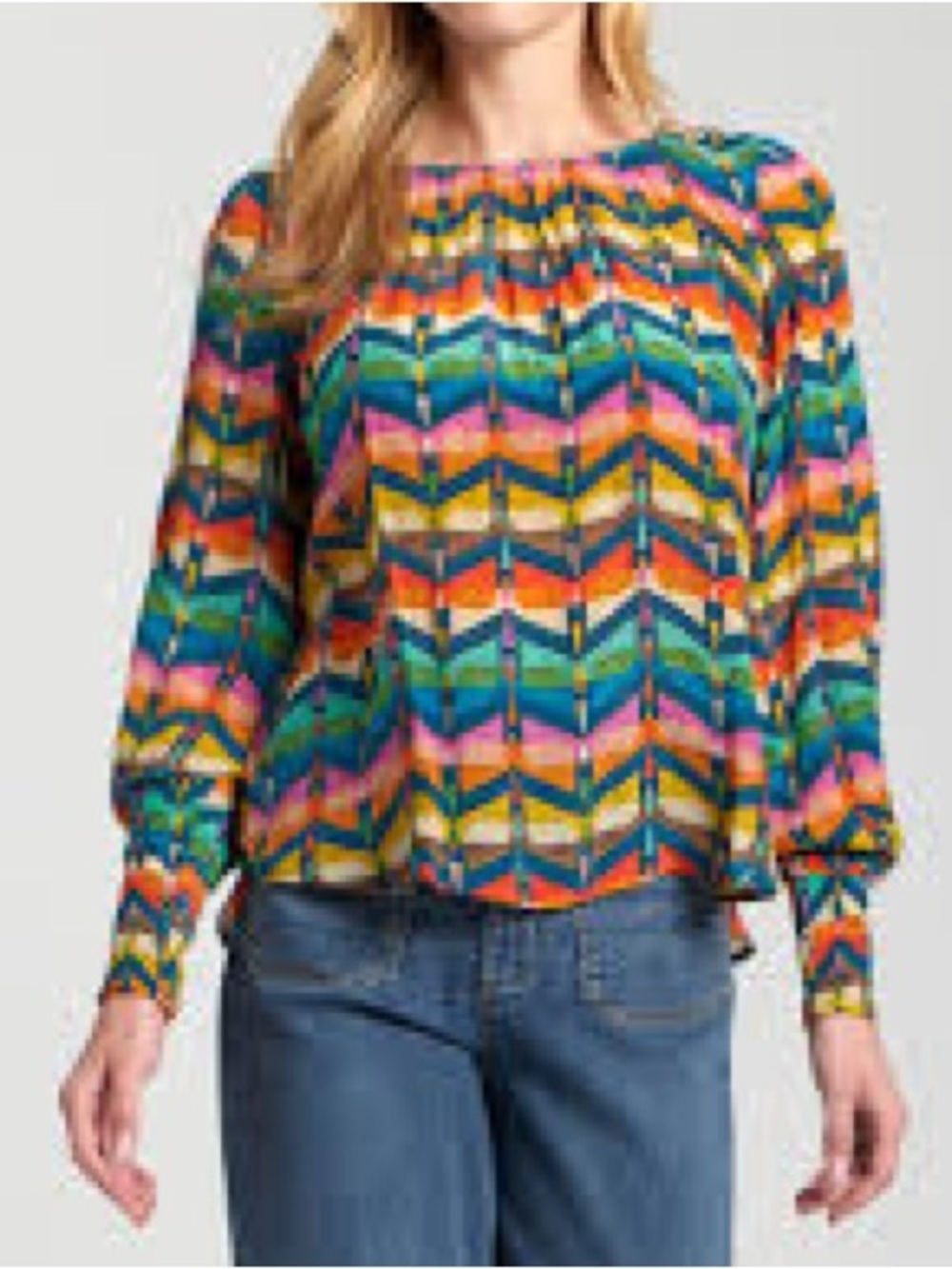 APNY Navy Multicolored Smock neck Blouse